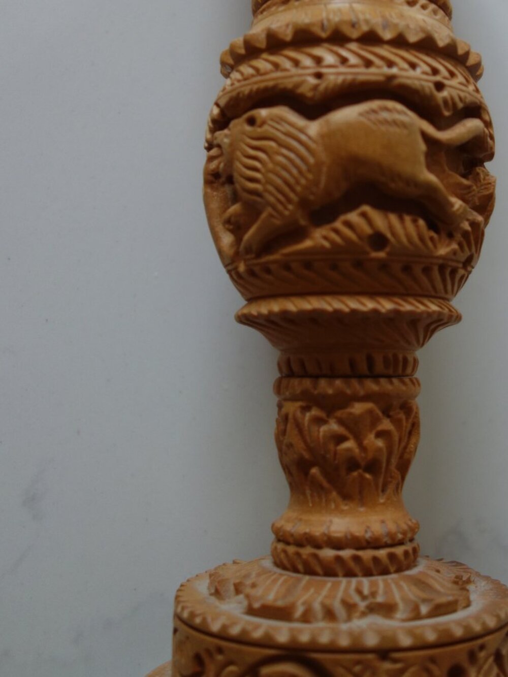 Vintage Hand/Machine Carved Vase with Lion and Elephant Carving
